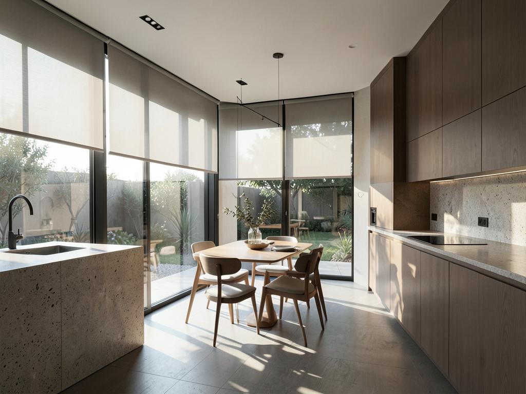 Kitchen glass wall with Hunter Douglas designer roller solar shades