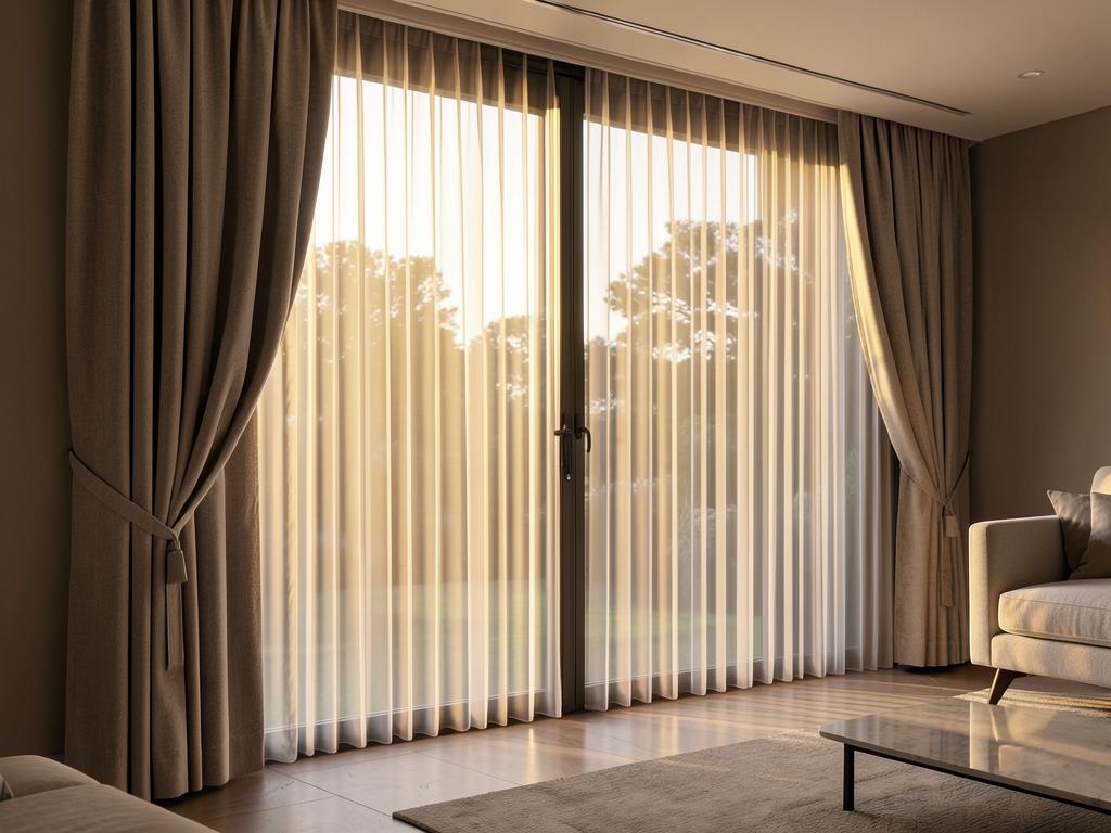 Sliding glass doors with Hunter Douglas Luminette privacy sheers at golden hour